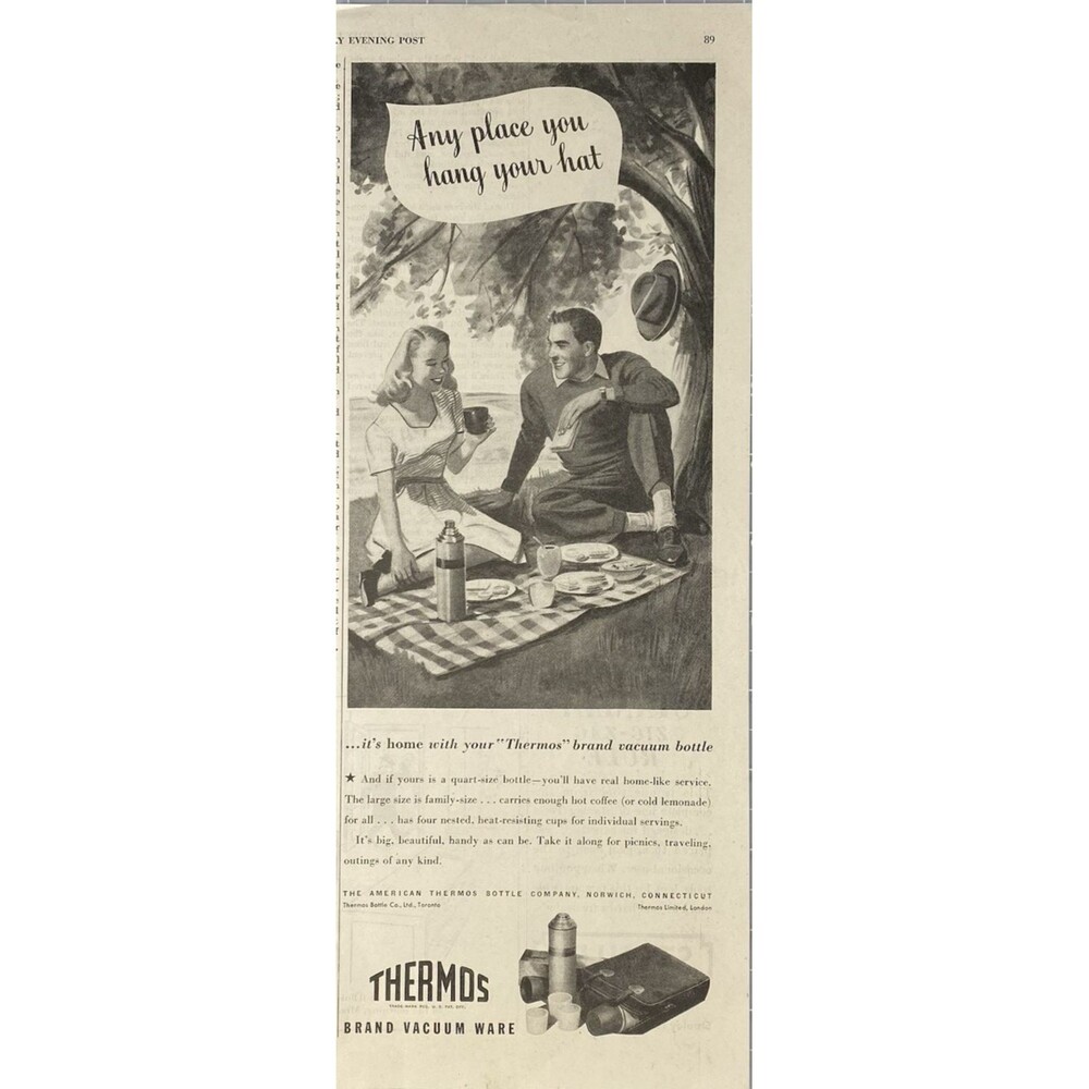 Thermos Brand Vacuum Ware "Any Place You Hang Your Hat" Vintage Print Ad 1946
